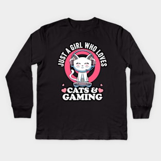 Just a Girl Who Loves Cats & Gaming Cute Cat Lover Nerd Girl Kids Long Sleeve T-Shirt